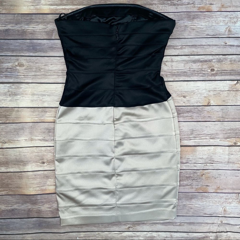 Bebe Strapless Satin Black & Champagne Bandage Dress - Picture 3 of 12